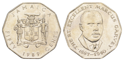 Ямайка 50 центов 1989 Маркус Гаврей (1887-1940) KM 65 медно-никель UNC 91-1133