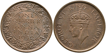 Британская Индия 1/4 анна 1942 Георг VI (1937-1952) KM 531 бронза aUNC 4364-2823
