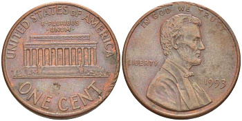 США 1 цент 1993 Авраам Линкольн KM 201b цинк плакированный медью 211-1138