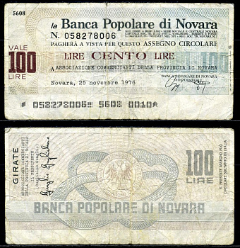 Италия чек на 100 лир 1976 25 ноября 1976, Banca popoLare Di Novara бумага 00-00