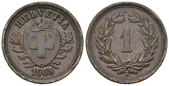 Швейцария 1 раппен 1908 B KM 3 бронза 26-943