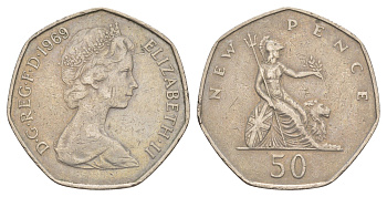 Великобритания 50 пенсов 1969 Елизавета II (1952-2022) KM 913, Spink 4223 медно-никель 4634-544
