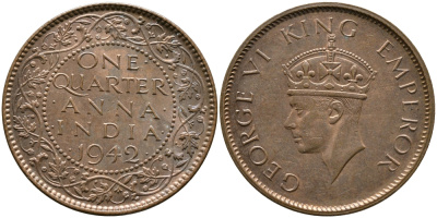 Британская Индия 1/4 анна 1942 Георг VI (1937-1952) KM 531 бронза aUNC 4364-2823