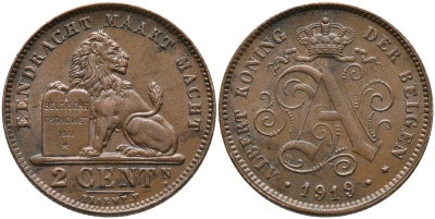 БЕЛЬГИЯ 2 САНТИМА 1919 BELGEN KM 65 медь 4390-1244