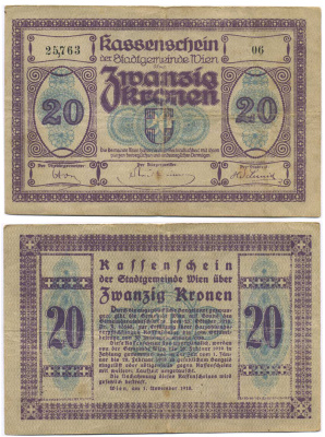 Австрия, Вена 20 крон 1918 1 октября 1918, нотгельд Ri.29b бумага 8595-11-3-2