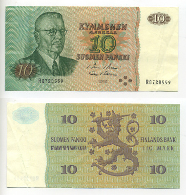 ФИНЛЯНДИЯ 10 МАРОК 1980 Pick 111a бумага 7214-15-1