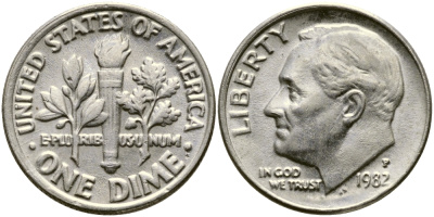 США 10 центов (дайм) 1982 P, Рузвельт KM 195а медь плакированная медно-никелем 46-2549