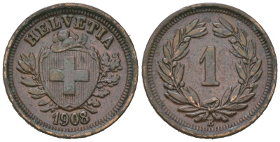 Швейцария 1 раппен 1908 B KM 3 бронза 26-943