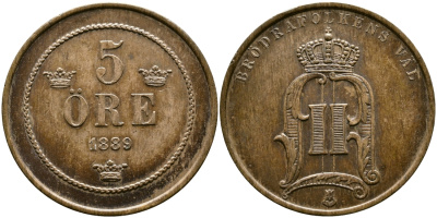 Швеция 5 эре 1889 Оскар II (1872-1907) король Швеции и Норвегии, большие цифры года KM 757 бронза 53-657