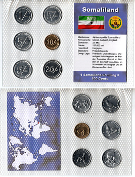 Сомалиленд набор из 6 монет (1, 5, 10 и 20 шиллингов) 1994, 2002 и 2005 в красочной упаковке с информацией о стране KM 1, 3, 5, 6 и 19 UNC 3-4-1-37