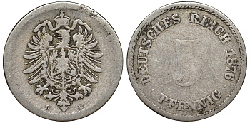 Германия 5 пфеннигов 1876 D, старогербовка KM 3, J. 3 медно-никель 51-3555
