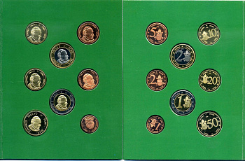 Ватикан набор из 8 монет 2005 1 евроцент-2 евро, европробники, в оригинальном буклете, Иоанн Павел II BUNC 3-4-11-05