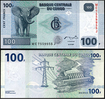ДР Конго 100 франков 2007 слон, гидроэлектростанция "Инга II" Pick 98 a бумага UNC (пресс) 7183-52-2-2