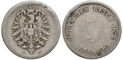 Германия 5 пфеннигов 1876 D, старогербовка KM 3, J. 3 медно-никель 51-3555