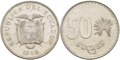 ЭКВАДОР 50 СУКРЕ 1988 KM 93 сталь плакированная никелем UNC 82-915