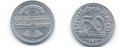 ГЕРМАНИЯ 50 ПФЕННИГОВ 1921 D KM 27, J. 301 алюминий 58-434