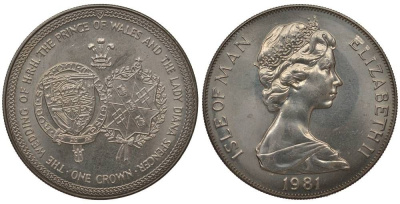 Остров Мэн 1 крона 1981 Королевская свадьба принца Чарльза и леди Дианы, гербы KM 81 медно-никель UNC 11-178-24