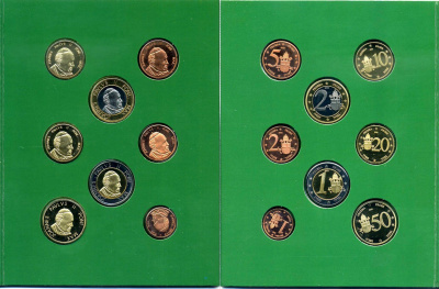 Ватикан набор из 8 монет 2005 1 евроцент-2 евро, европробники, в оригинальном буклете, Иоанн Павел II BUNC 3-4-11-05