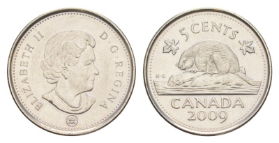Канада 5 центов 2009 Leaf, Елизавета II (1952-2022), бобр KM 491 сталь плакированная никелем UNC 4630-765