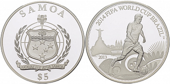 Самоа 5 тала 2013 FIFA, Чемпионат мира по футболу в Бразилии 2014 KM NEW серебро PROOF 11-302-21