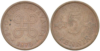ФИНЛЯНДИЯ 5 ПЕННИ 1975 KM 45 медь 4516-1264