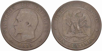 ФРАНЦИЯ 10 САНТИМОВ 1855 A, НАПОЛЕОН III (1852-1870) KM 771.1, LE FRANC 133.19 бронза 38-1031