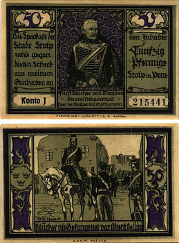 ШТОЛЬПЕ (СЛУЦК) 50 ПФЕННИГОВ 1922 НОТГЕЛЬД, ПОЛЬША Grabowski 1274.3 бумага 7548-117-3-2