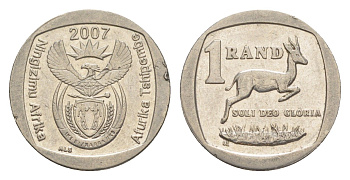 ЮАР 1 ранд 2007 антилопа спрингбок, герб KM 332 медь плакированная никелем 4618-865