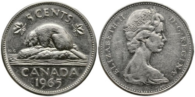 Канада 5 центов 1965 Елизавета II (1952-2022), бобер KM 60.1 никель 3336-236