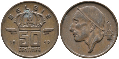 Бельгия 50 сантимов 1957 Belgie, Бодуэн I (1951-1993) KM 149.1 бронза 99-1212