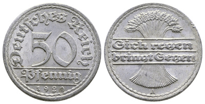 ГЕРМАНИЯ 50 ПФЕННИГОВ 1920 А KM 27, J. 301 алюминий 4380-555