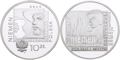 Польша 10 злотых 2009 Чеслав Немен, польский композитор (1939-2004) KM 686 серебро  PROOF  1087-4-62