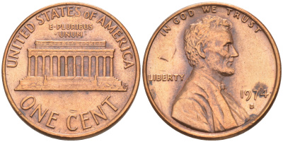 США 1 ЦЕНТ 1974 D, ЛИНКОЛЬН KM 201 медь цинк 188-268