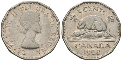 Канада 5 центов 1958 Елизавета II (1952-2022), бобер KM 50a никель 4621-261