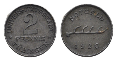 Тюбинген 2 пфеннига 1920 Funck 551.8, Men05 25330.12, Men18 31711.12 железо 1531-1041