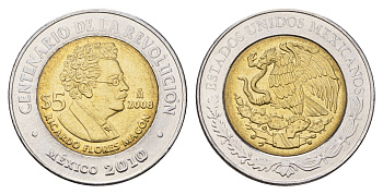 Мексика 5 песо 2008 Столетие революции - Рикардо Флорес Магон KM 903 биметалл UNC 216-1223