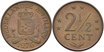 Нидерландские Антилы 2 1/2 цента 1976 Юлиана (1948-1980) KM 9 бронза 4595-426