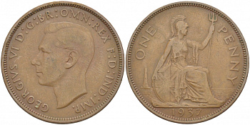 Великобритания 1 пенни 1937 Георг VI (1936-1952) KM 845, Spink 4114 бронза 215-325
