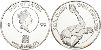 Замбия 1000 квача 1999 Олимпийские игры 2000 года в Сиднее, дискобол KM 109 серебро PROOF 01-076-13