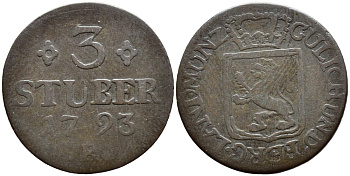 Юлих-Берг 3 штюбера 1793 РR, Карл Теодор KM 216 медь 84-854