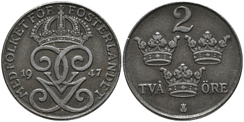 Швеция 2 эре 1947 Густав V (1907-1950) KM 811 железо 63-933