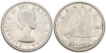 Канада 10 центов 1962 Елизавета II (1952-2022), парусник KM 51 серебро 4164-626