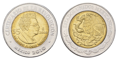 Мексика 5 песо 2008 Столетие революции - Рикардо Флорес Магон KM 903 биметалл UNC 216-1223