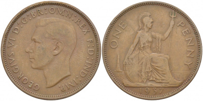 Великобритания 1 пенни 1937 Георг VI (1936-1952) KM 845, Spink 4114 бронза 215-325