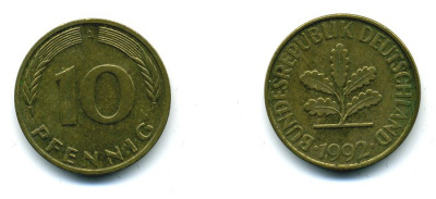 ФРГ 10 ПФЕННИГОВ 1992 А KM 108, J.383 сталь плакированная латунью 59-1413