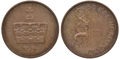 Норвегия 50 эре 2001 Харальд V (1991- ) KM 460 бронза 4128-1151