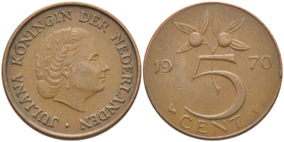 НИДЕРЛАНДЫ 5 ЦЕНТОВ 1970 ЮЛИАНА KM 181 бронза 3856-456