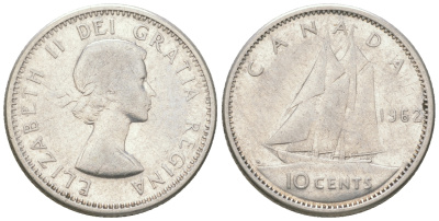 Канада 10 центов 1962 Елизавета II (1952-2022), парусник KM 51 серебро 4164-626