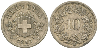 Швейцария 10 раппенов 1850 BB KM 6 серебро 4160-1045