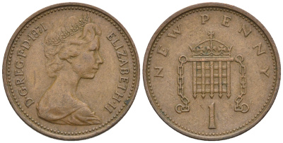 Великобритания 1 пенни 1971 Елизавета II (1952-2022) KM 915, Spink 4237 (B1) бронза 4609-458